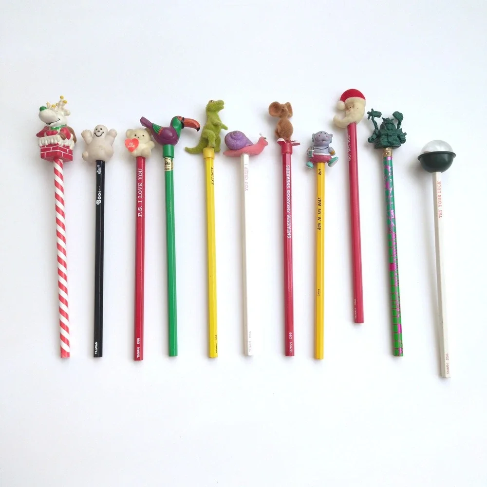 11 Vtg 80s 90s Russ Novelty Unused Pencils w/ Toppers Animal Holiday Fuzzy